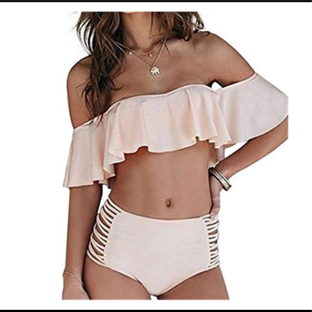 High Waisted Pink ruffle top bathing suit